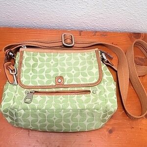 Fossil Key-Per Crossbody Bag Womens Green Floral Canvas Leather Trim‎ Handbag